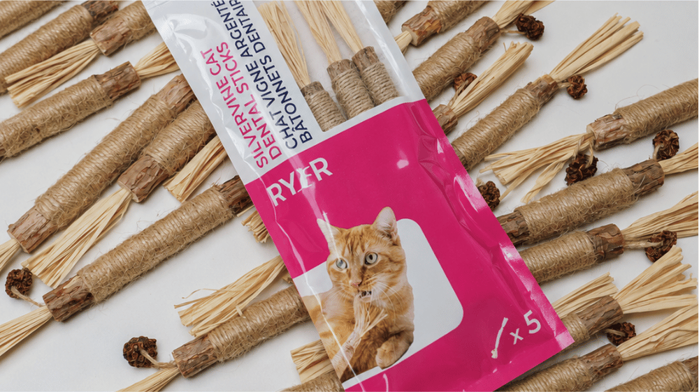 A pack of a RYERCAT Silvervine Dental Stick as a natural enrichment activity.